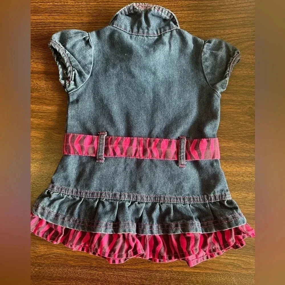 Carter’s Baby Girls Ruffle Denim Dress Pink Zebra Trim Jean Dress Size 12 Months